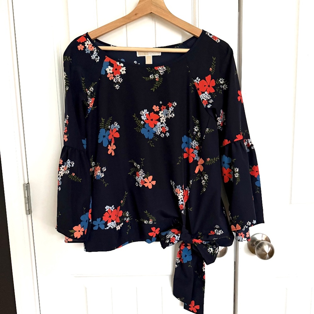 Michael Kors Floral Tie Front Blouse Navy Multicolor Print Size S EUC